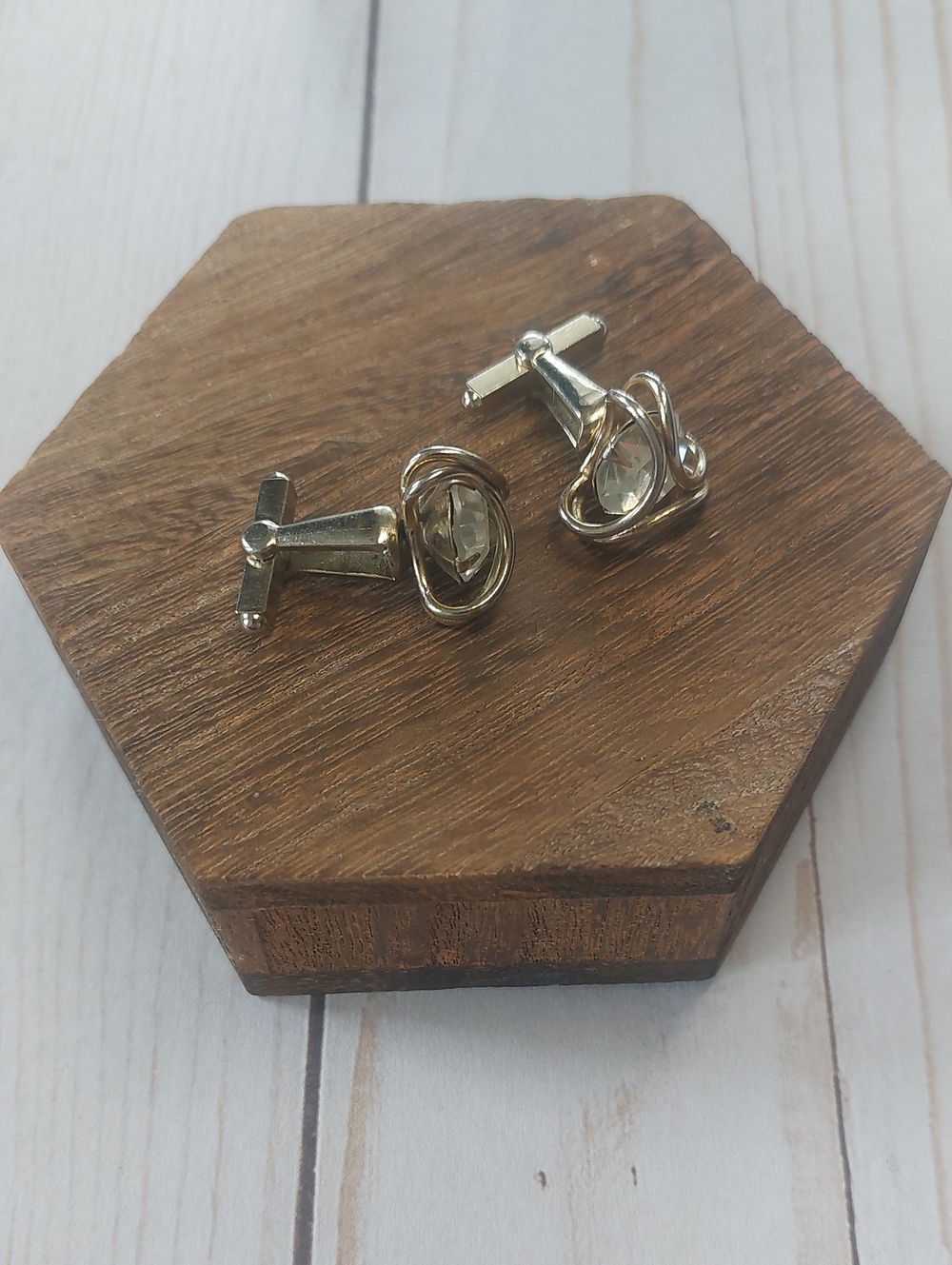 Silver-Tone Men's Cufflinks with Clear Stone Accent